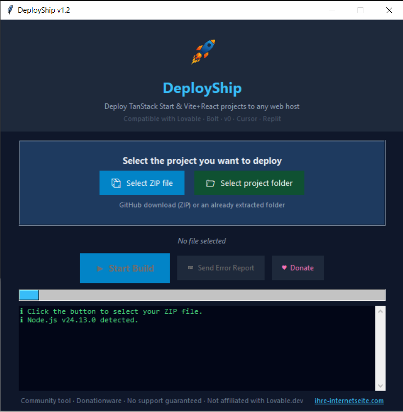 DeployShip App Screenshot – Deploy Lovable to shared hosting